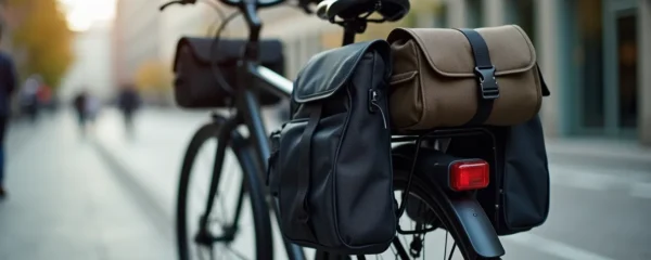 Vue d'ensemble d'une sélection de sacoches vélo attachées à un vélo urbain dans un environnement minimaliste épuré