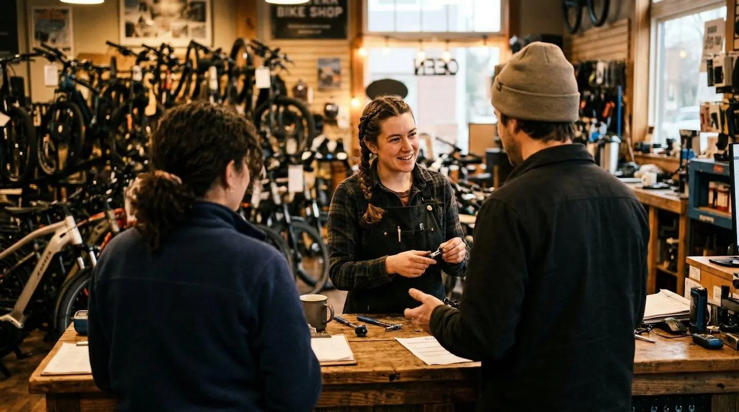 Un conseiller et un client discutent devant des vélos électriques dans une boutique spécialisée, ambiance chaleureuse, vélos floutés en arrière-plan