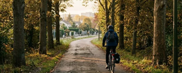 Un cycliste vu de dos pédale sur une piste cyclable bordée d'arbres dans une banlieue résidentielle, lumière dorée du matin