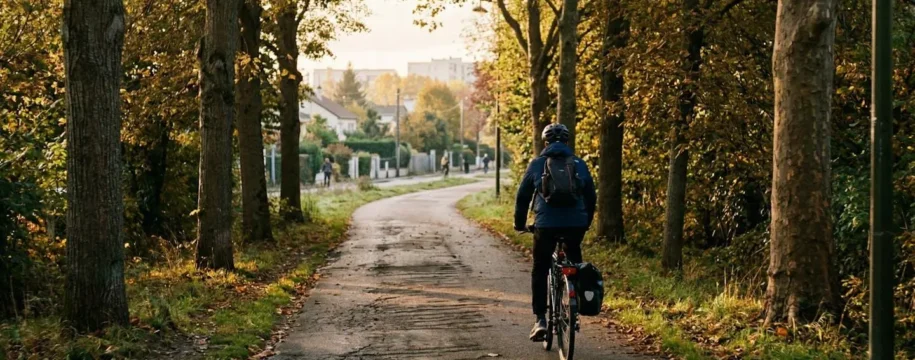 Un cycliste vu de dos pédale sur une piste cyclable bordée d'arbres dans une banlieue résidentielle, lumière dorée du matin