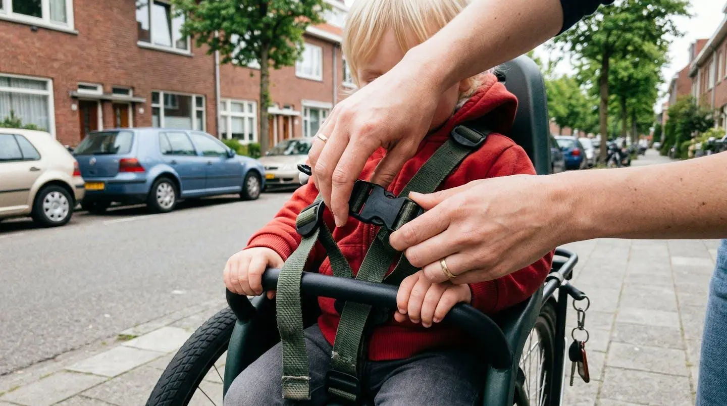 Les mains d'un parent ajustent la sangle de sécurité d'un enfant installé sur le siège arrière d'un vélo longtail, dans une rue résidentielle